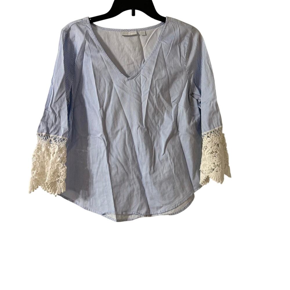 New York & Company Women's Blue Striped Large Blouse
